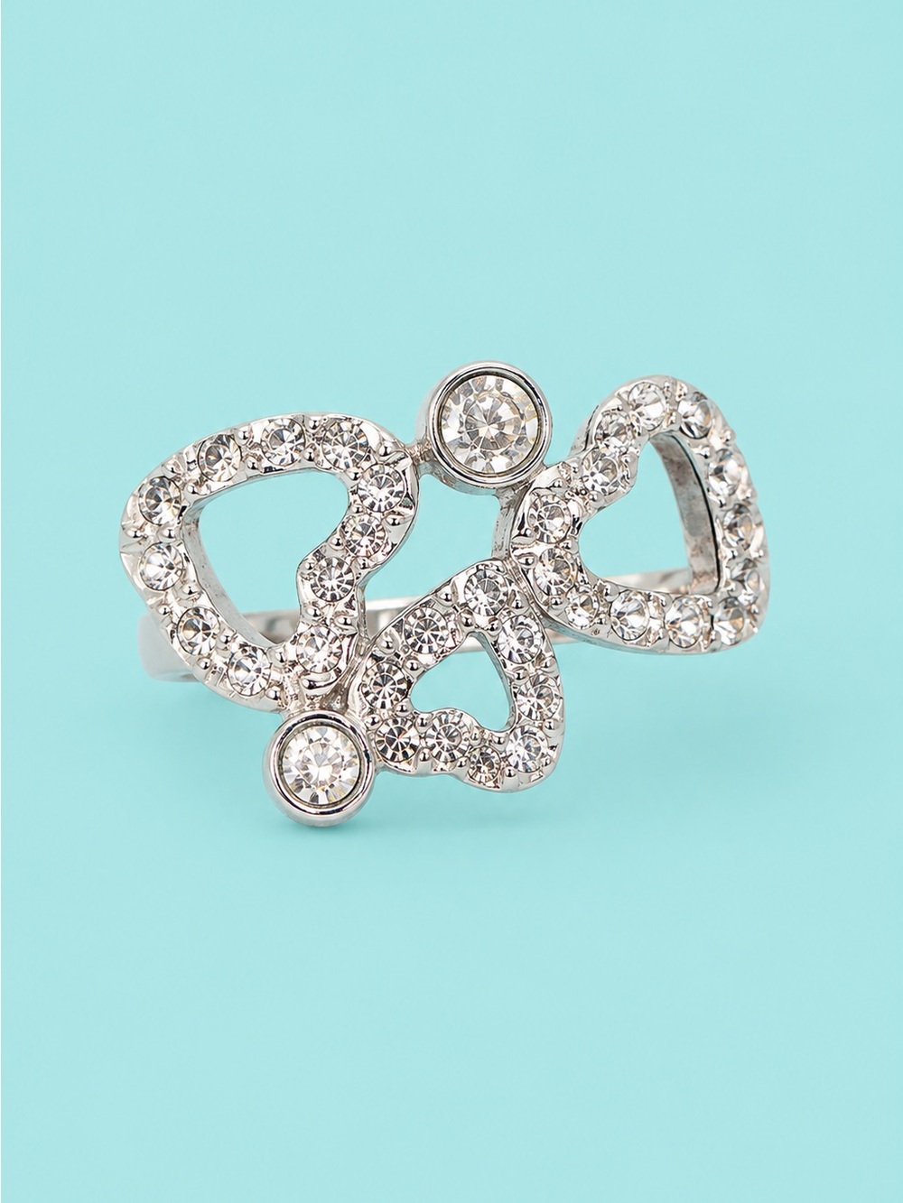 Silver Tone Open Heart Crystal Statement Ring Size 7